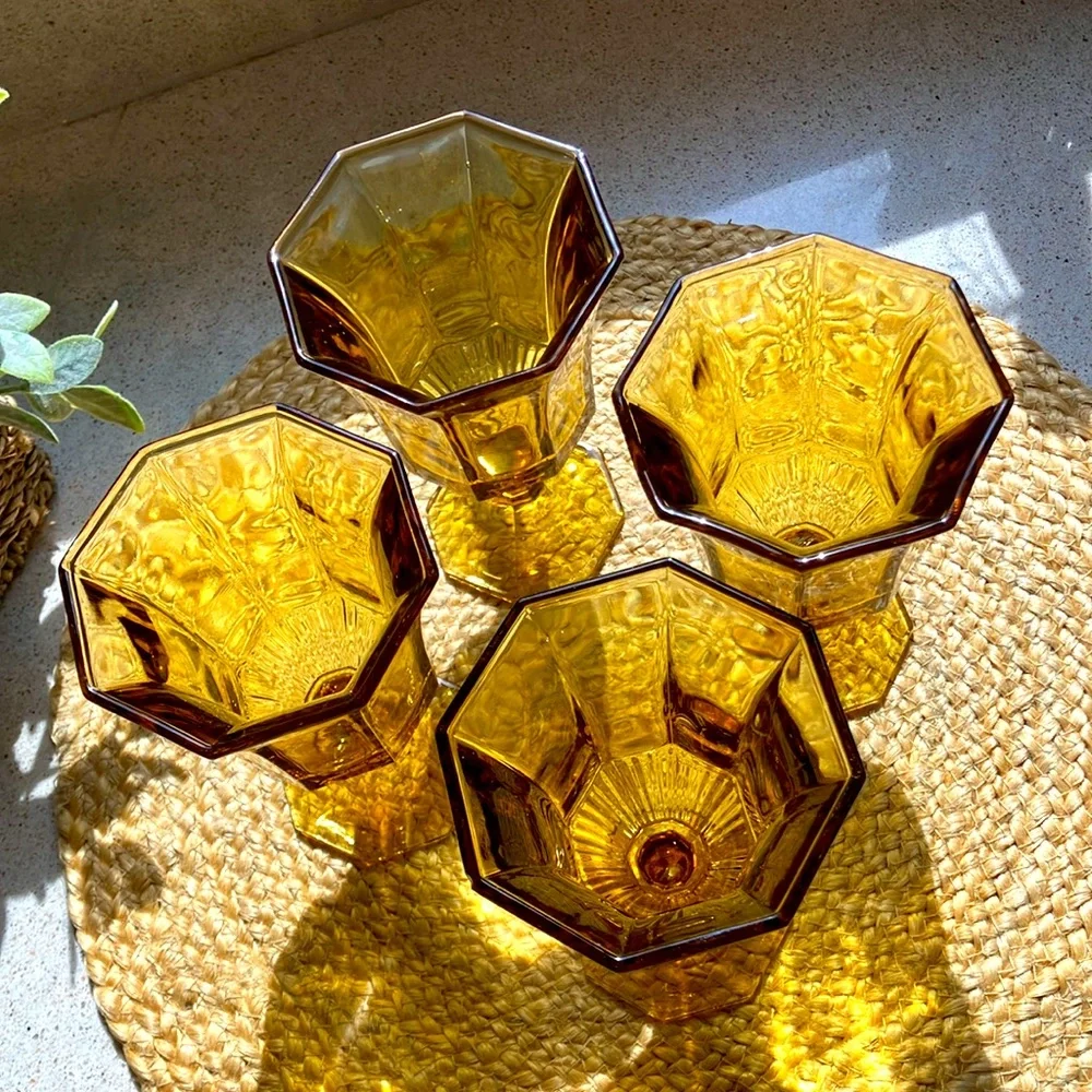 (4) Vintage Amber Octagonal Glasses by Independence